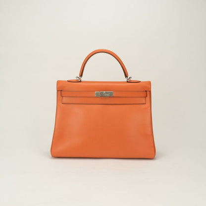 Hermes Kelly 35 Tote Shoulder Bag Box Calf Orange Ruthenium Retourne 2-Way