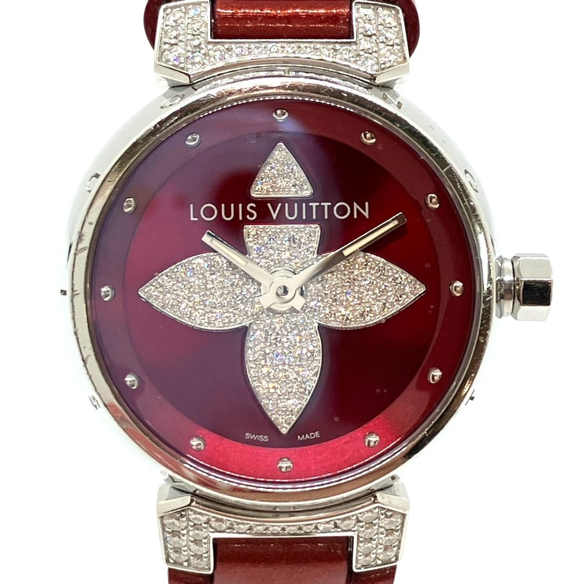 Louis Vuitton Tambour Forever Rug Diamond Watch SS Leather Quartz Red Dial