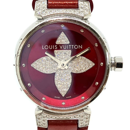 Louis Vuitton Tambour Forever Rug Diamond Watch SS Leather Quartz Red Dial