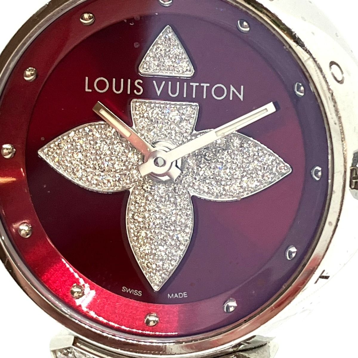 Louis Vuitton Tambour Forever Rug Diamond Watch SS Leather Quartz Red Dial — view 4