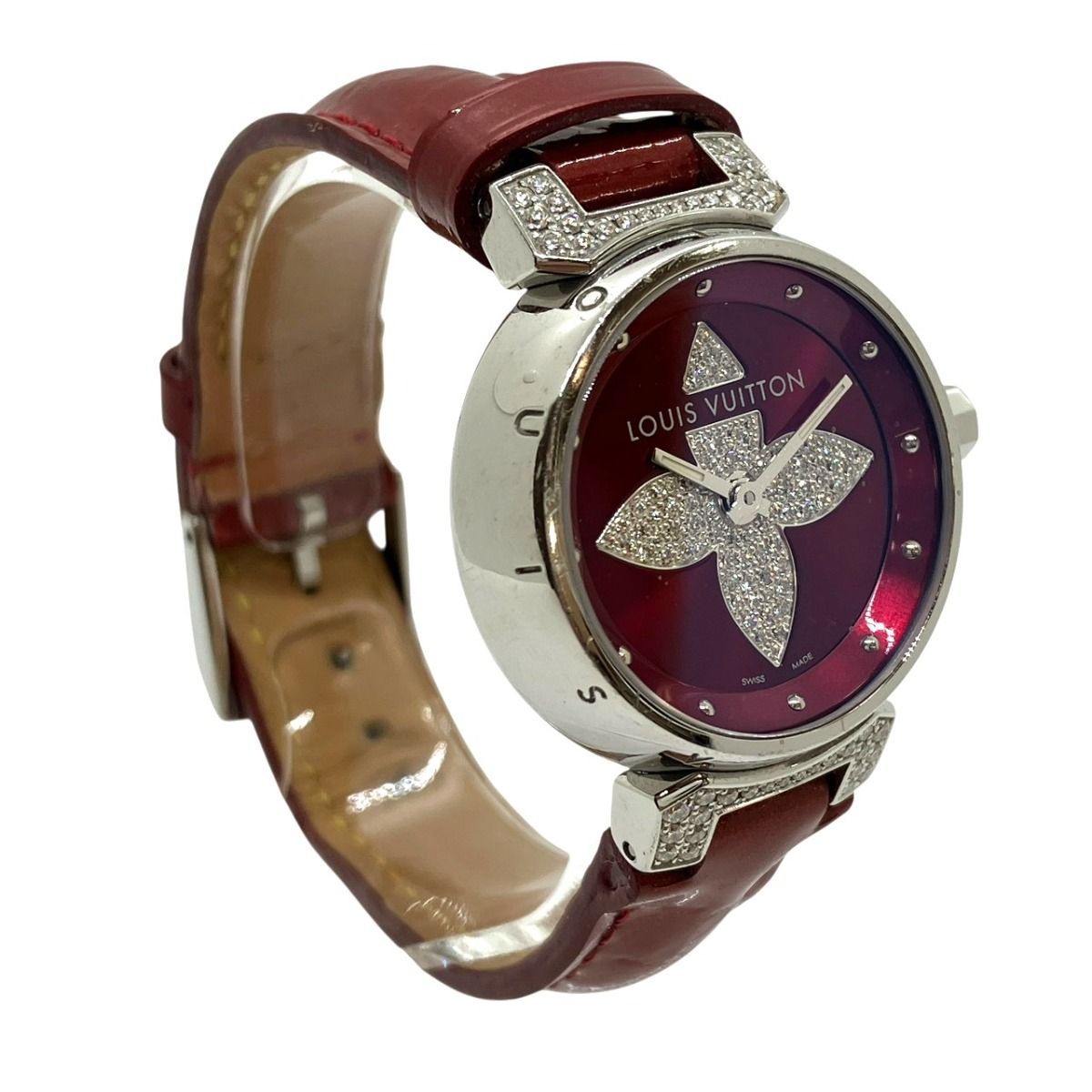 Louis Vuitton Tambour Forever Rug Diamond Watch SS Leather Quartz Red Dial — view 3