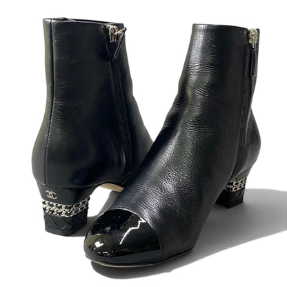 Chanel Short Boots Chain CC Logo Black Leather