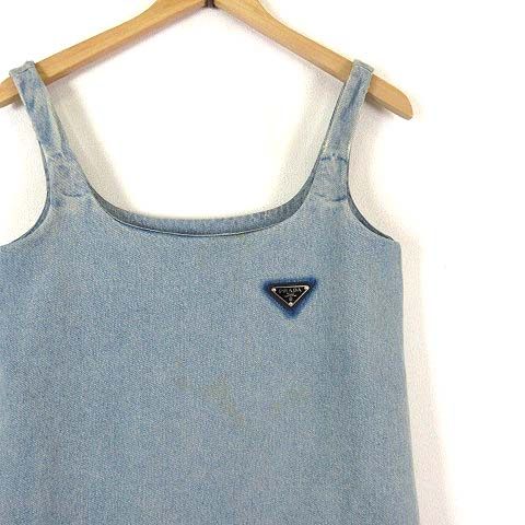 Prada Organic Denim Mini Dress Sleeveless Triangle Logo Metal S Light Blue 36 — view 2