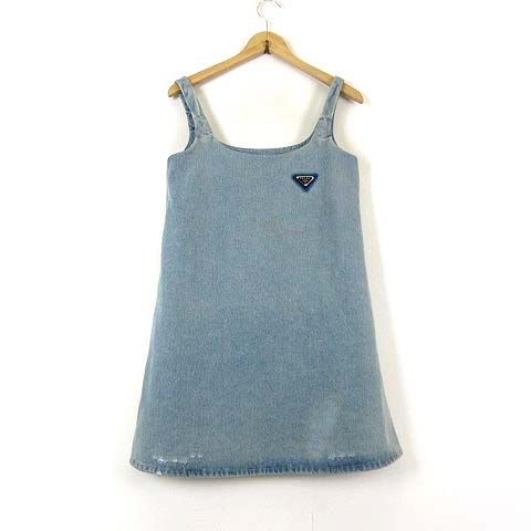 Prada Organic Denim Mini Dress Sleeveless Triangle Logo Metal S Light Blue 36