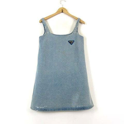 Prada Organic Denim Mini Dress Sleeveless Triangle Logo Metal S Light Blue 36