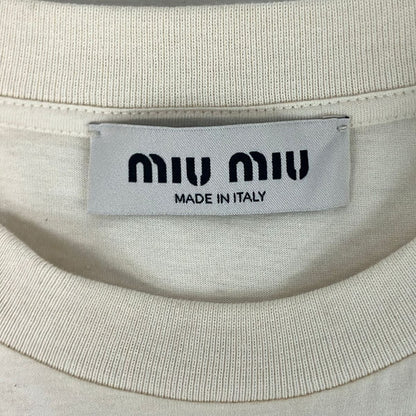 Miu Miu Short Sleeve T-Shirt Ivory Pink Crew Neck Rhinestone XS — view 3