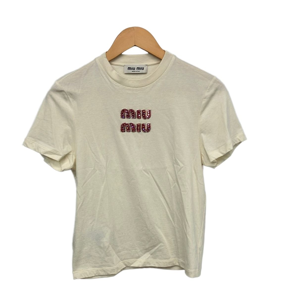 Miu Miu Short Sleeve T-Shirt Ivory Pink Crew Neck Rhinestone XS