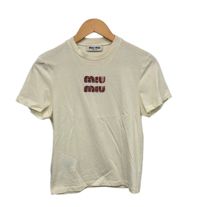 Miu Miu Short Sleeve T-Shirt Ivory Pink Crew Neck Rhinestone XS
