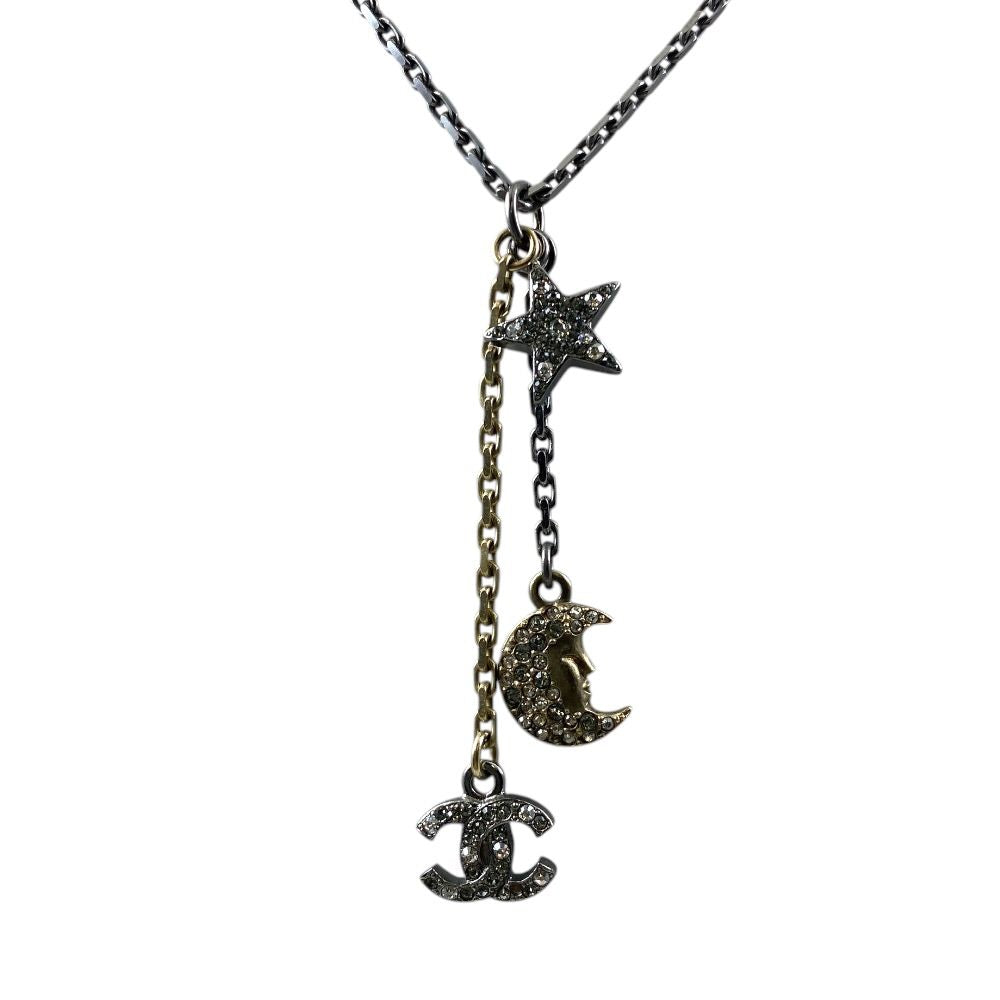Chanel CC Logo Star Moon Pendant Charm 17 B Metal Rhinestone Pearl Tone