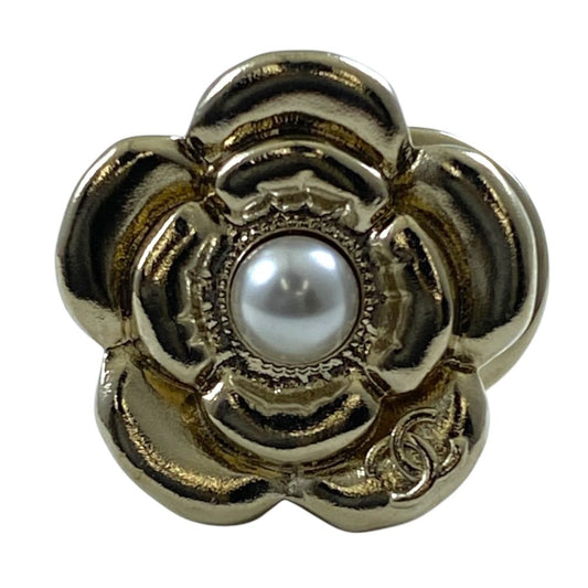 Chanel Camellia CC Logo Pearl Pin Brooch Flower Faux Gold