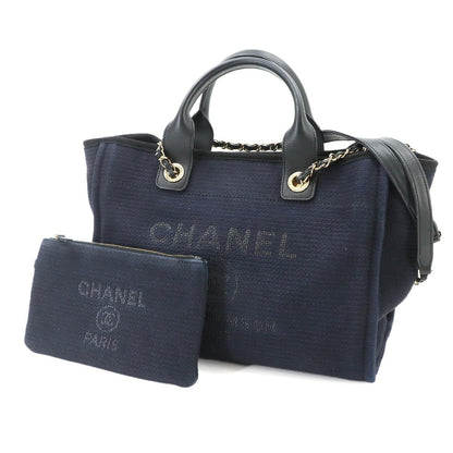 Chanel Deauville Small Shopping Tote Chain Shoulder Bag Canvas Leather Navy — view 2