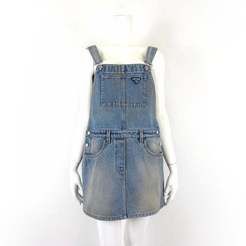 Prada Denim Bib Overalls Mini Dress Triangle Logo M Light Blue 42