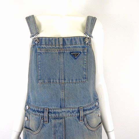 Prada Denim Bib Overalls Mini Dress Triangle Logo M Light Blue 42 — view 3