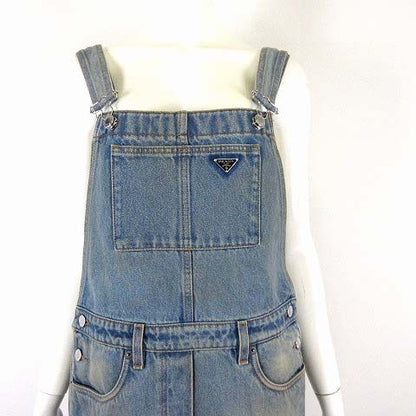 Prada Denim Bib Overalls Mini Dress Triangle Logo M Light Blue 42 — view 3