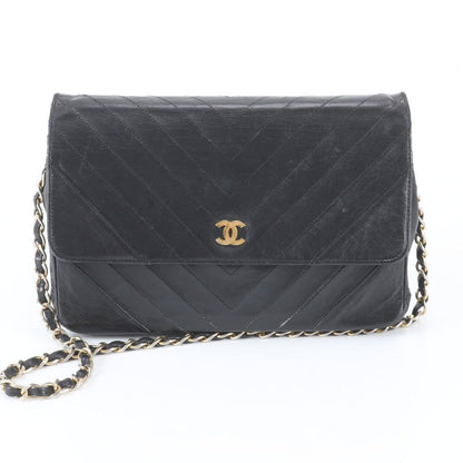 Chanel V-stitch Chain Leather Shoulder Bag Black