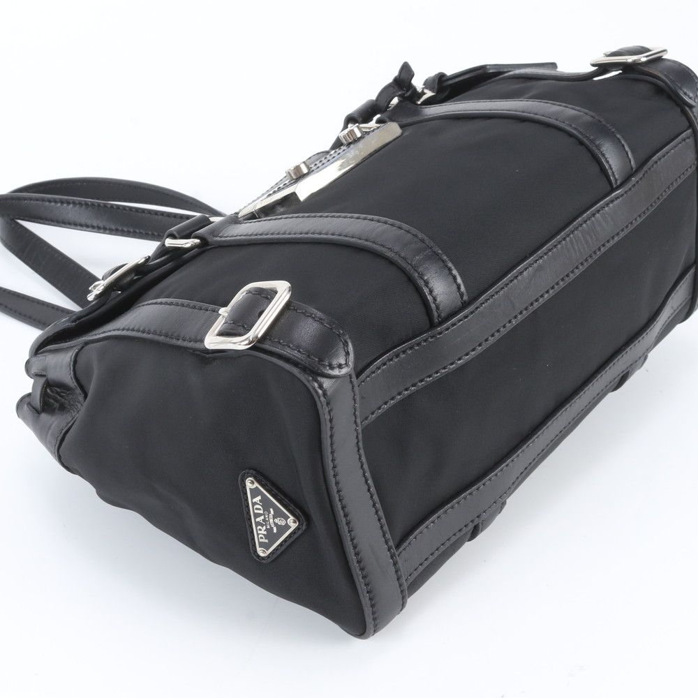 Prada Tessuto Nylon Triangle Logo Leather Shoulder Bag Hand Black — view 5
