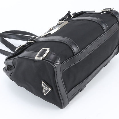 Prada Tessuto Nylon Triangle Logo Leather Shoulder Bag Hand Black — view 5