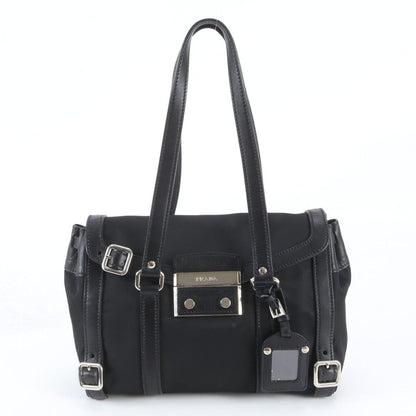 Prada Tessuto Nylon Triangle Logo Leather Shoulder Bag Hand Black