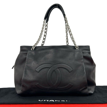 Chanel CC Logo Chain Caviar Leather Tote Shoulder Bag Black