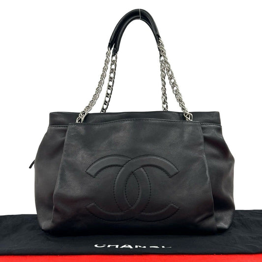 Chanel CC Logo Chain Caviar Leather Tote Shoulder Bag Black