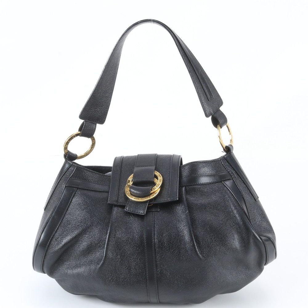 Bvlgari Chandra Leather Circle Logo Shoulder Bag Tote Hand Black
