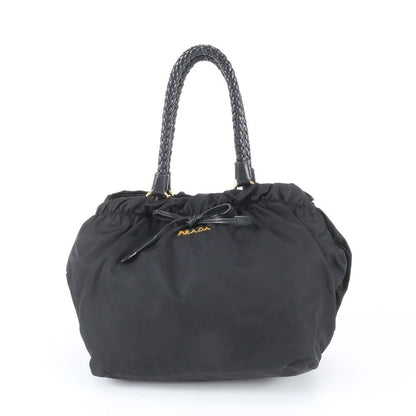 Prada White Tessuto Nylon Gathered Ribbon Leather Handbag Tote Black
