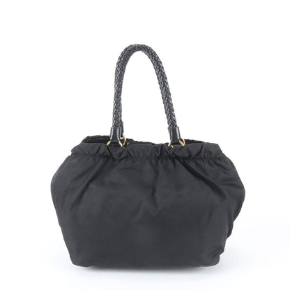 Prada White Tessuto Nylon Gathered Ribbon Leather Handbag Tote Black — view 3