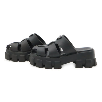 Prada Triangle Logo Monolith Rubber Sandals Platform Nero Black — view 2