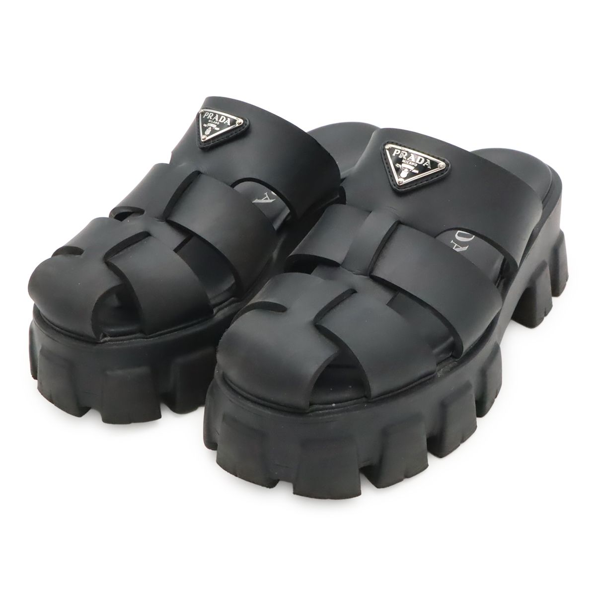 Prada Triangle Logo Monolith Rubber Sandals Platform Nero Black