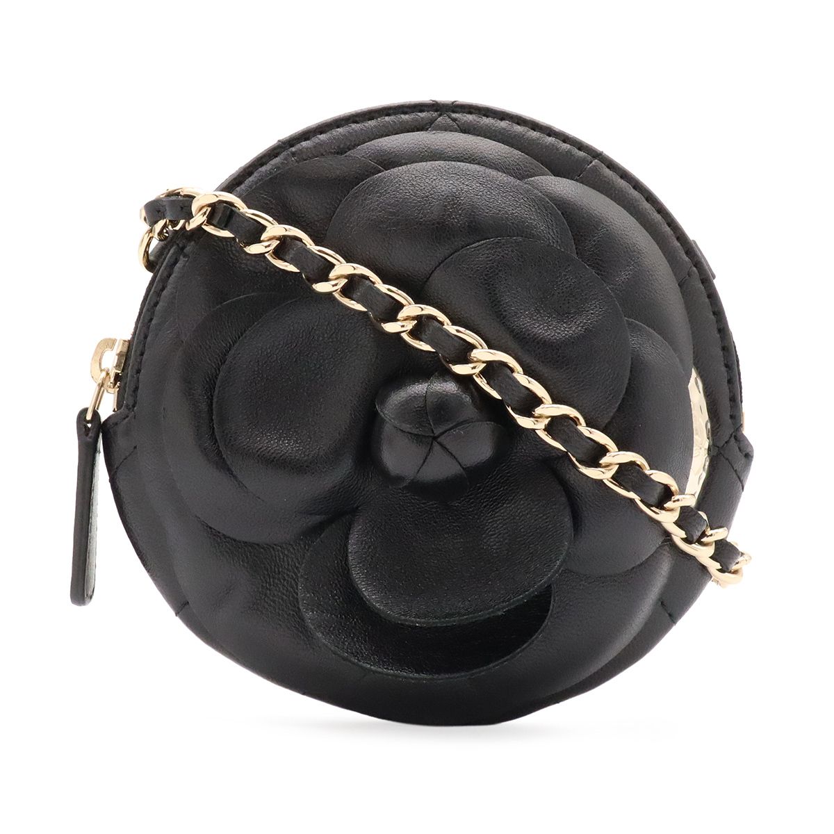 Chanel Camellia Quilted Chain Pochette Mini Shoulder Bag Lambskin Leather Black