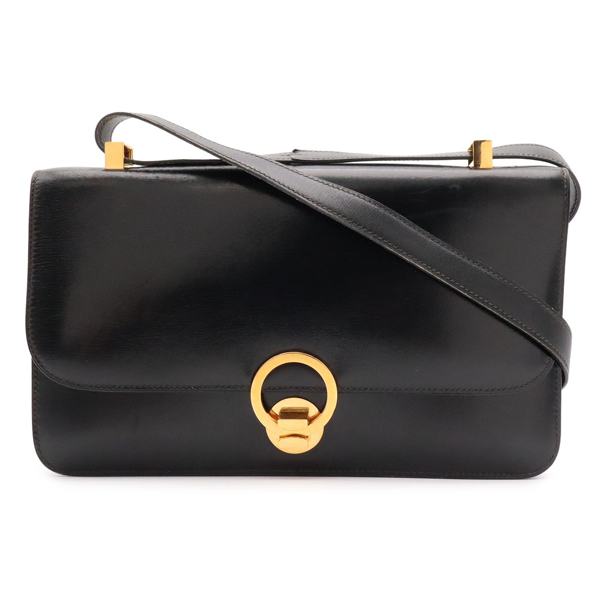 Hermes Ring Shoulder Bag Box Calf Leather Black Gold