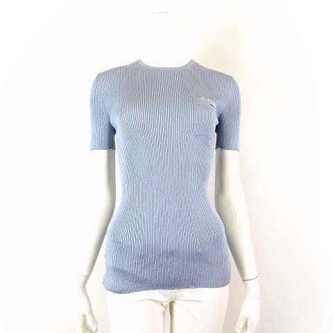 Prada Silk Rib Knit Crew Neck Short Sleeve Sweater Logo Embroidery Pocket L 42