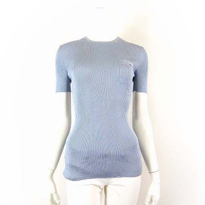 Prada Silk Rib Knit Crew Neck Short Sleeve Sweater Logo Embroidery Pocket L 42