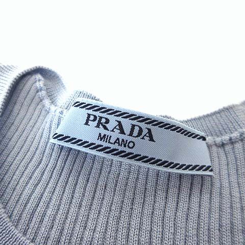 Prada Silk Rib Knit Crew Neck Short Sleeve Sweater Logo Embroidery Pocket L 42 — view 5