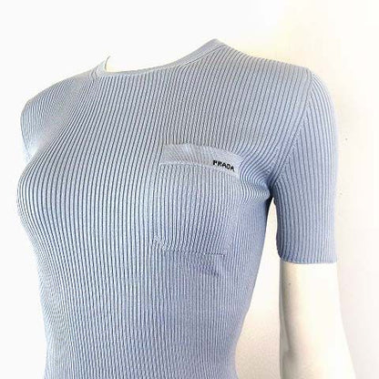 Prada Silk Rib Knit Crew Neck Short Sleeve Sweater Logo Embroidery Pocket L 42 — view 2