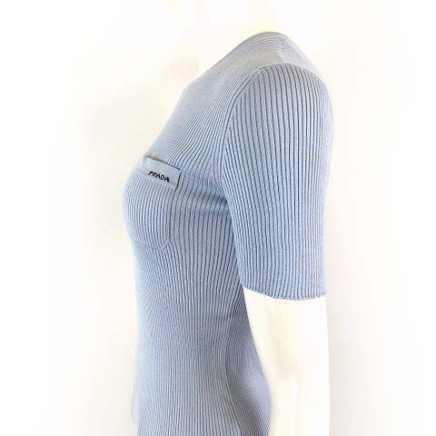 Prada Silk Rib Knit Crew Neck Short Sleeve Sweater Logo Embroidery Pocket L 42 — view 8