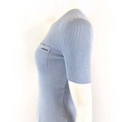 Prada Silk Rib Knit Crew Neck Short Sleeve Sweater Logo Embroidery Pocket L 42 — view 8