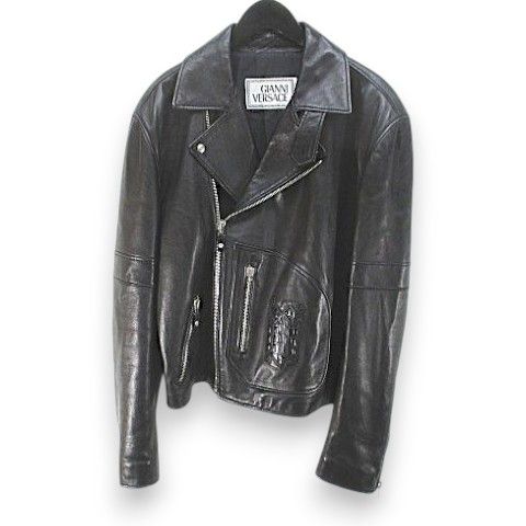 Versace Gianni Leather Jacket Rider's Black Zip-up Pocket Embroidery Lining 50