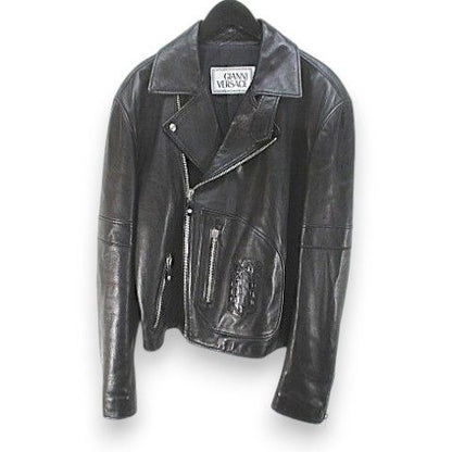 Versace Gianni Leather Jacket Rider's Black Zip-up Pocket Embroidery Lining 50