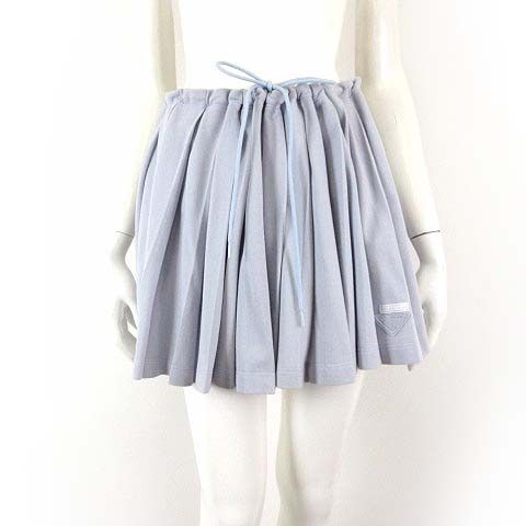 Prada Cotton Pique Pleated Skirt Mini Triangle Logo Embroidery Drost L Blue 42