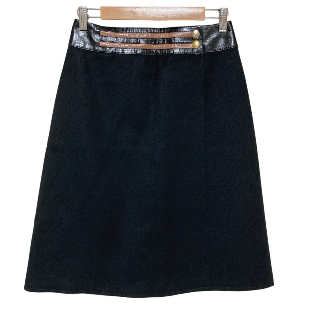 Celine Vintage Leather Trim Carriage Button Wrap Skirt Black