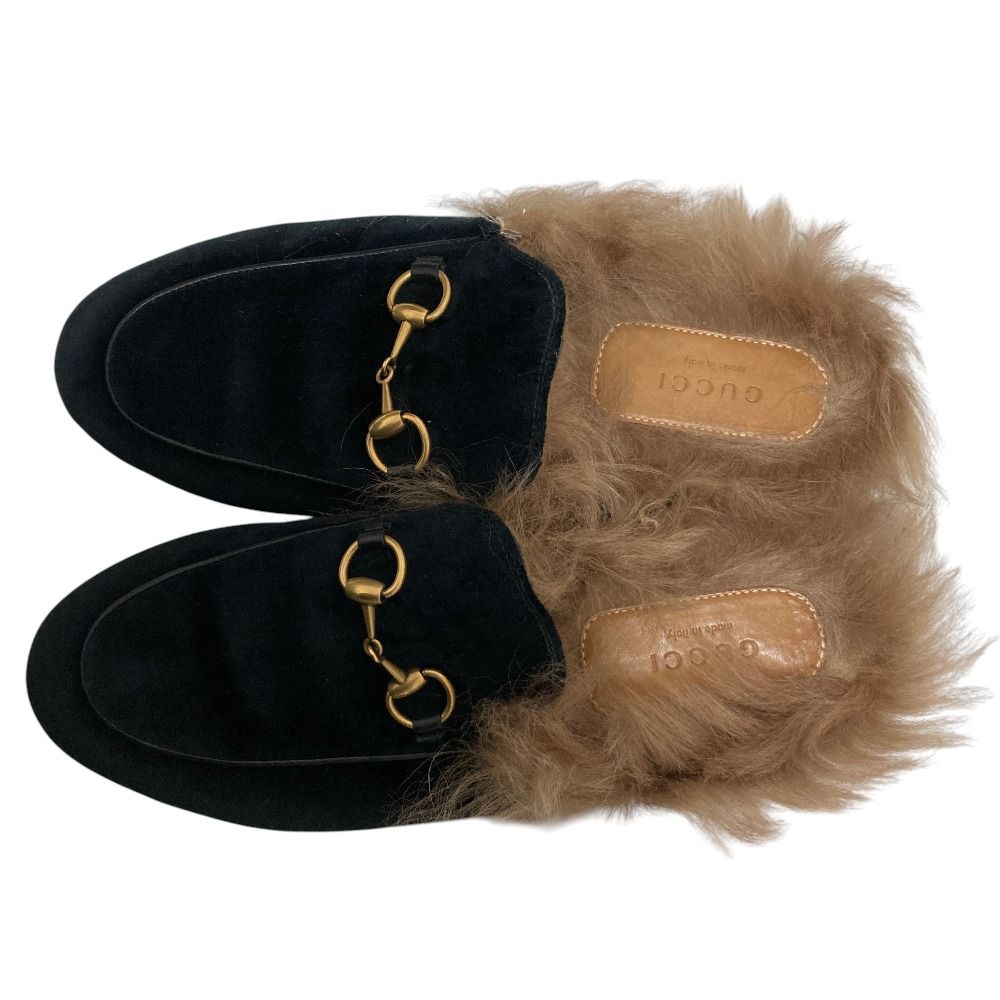 Gucci Prince Town Lamb Fur Horsebit Velvet Sandals Black Beige — view 6