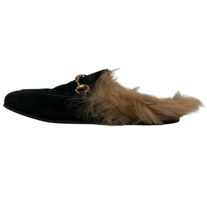 Gucci Prince Town Lamb Fur Horsebit Velvet Sandals Black Beige — view 5