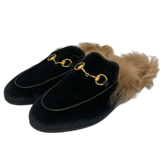 Gucci Prince Town Lamb Fur Horsebit Velvet Sandals Black Beige