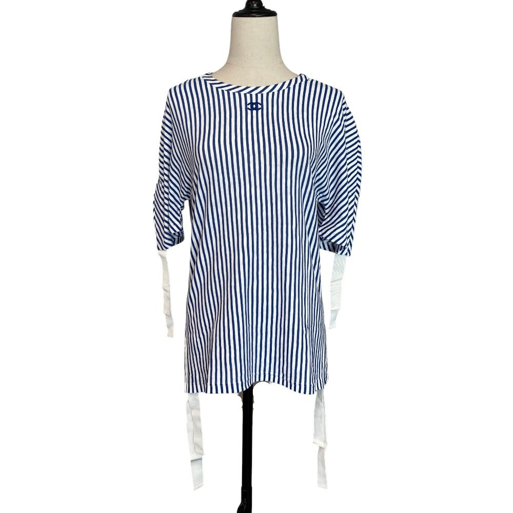Chanel Striped Side-Shirred Top Blue White