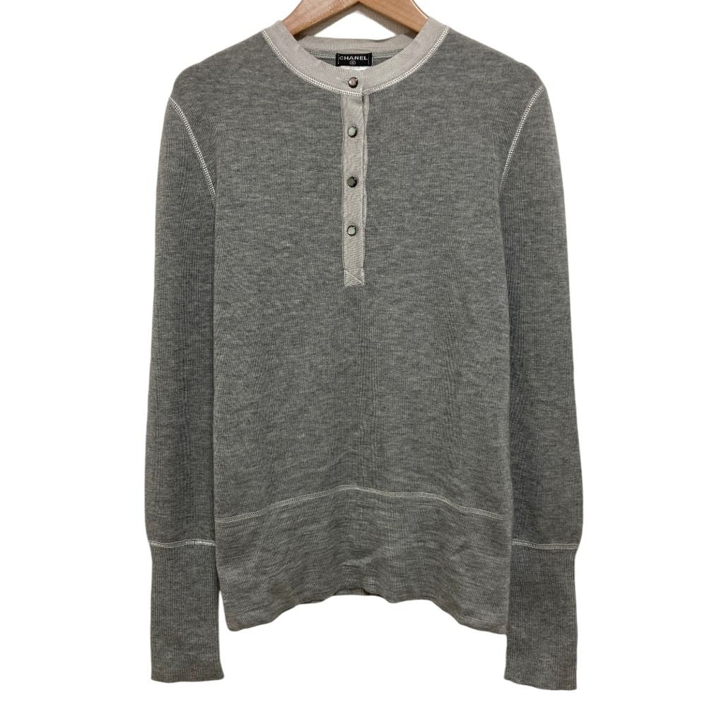 Chanel Half Button Cashmere Silk Knit Top Gray Sweater 42