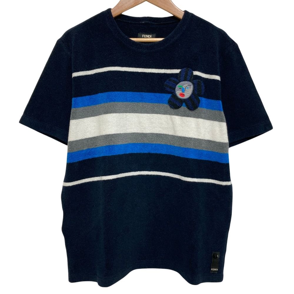 Fendi Flower Patch Pile Fabric Short Sleeve T-Shirt Navy
