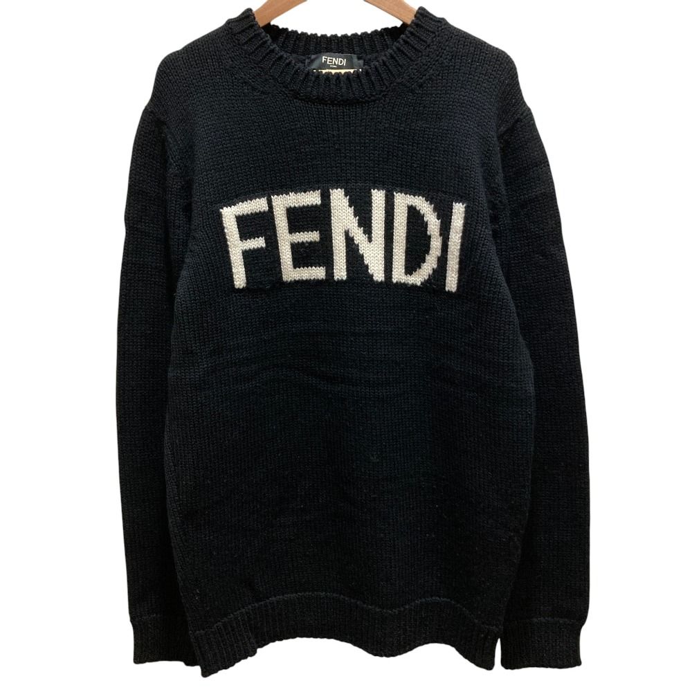 Fendi Logo Intersia Knit Front Wool Sweater Black