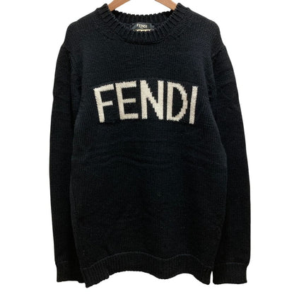 Fendi Logo Intersia Knit Front Wool Sweater Black