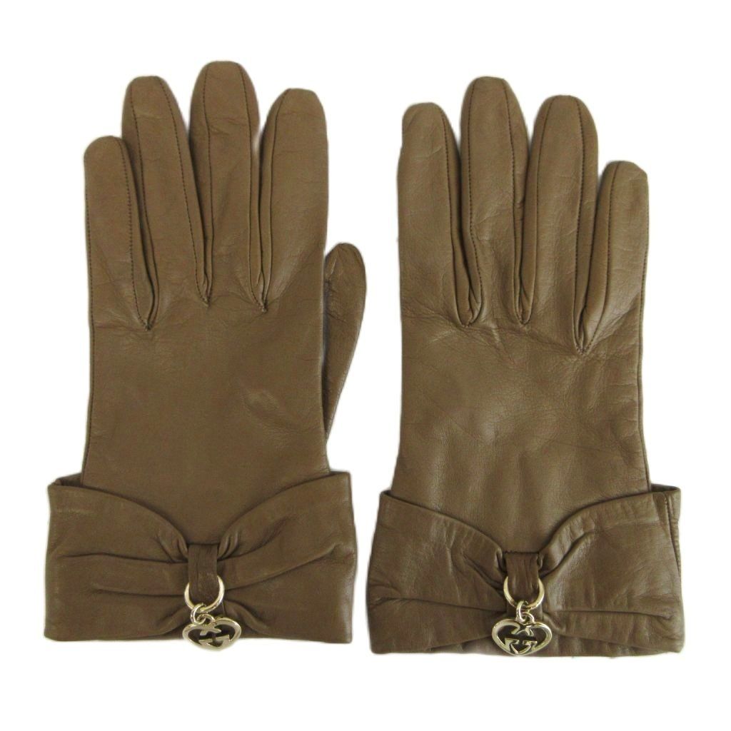 Gucci Gloves Sheep Leather Lambskin Ribbon Interlocking G Heart Charm 7 Brown